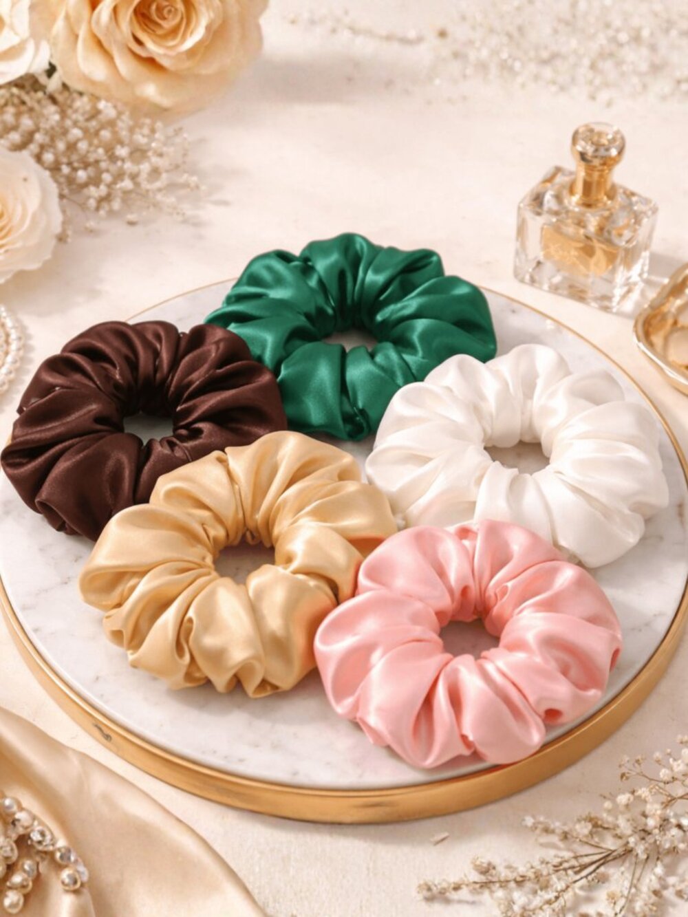 5 Pack Satin Scrunchies Hair Ties Set – Pink, Green, Brown, Cream & Champagne